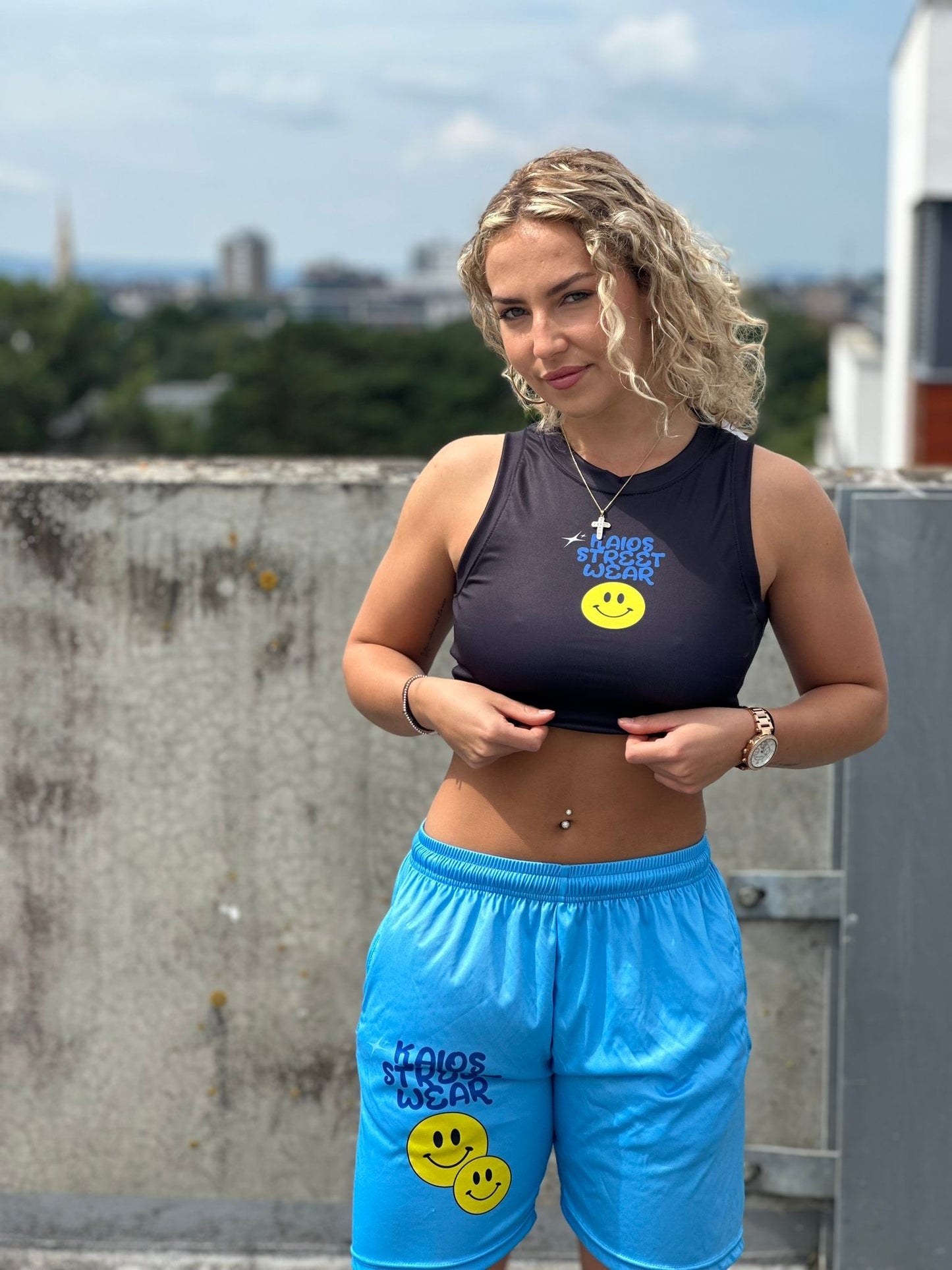 Dual Smiley Graphic Shorts - Blue