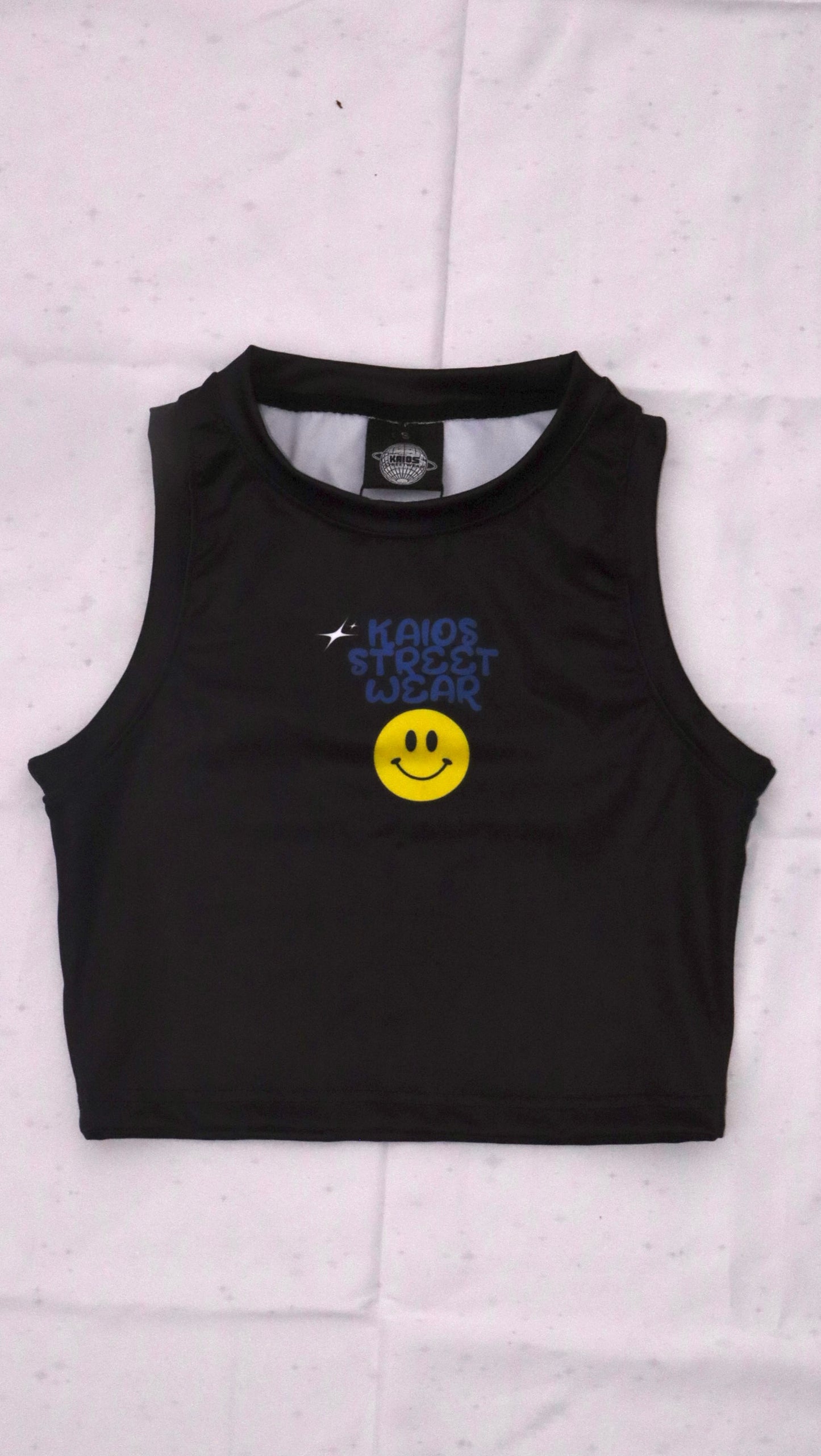Dual Smiley Graphic Cropped Jersey Tank Top - Black