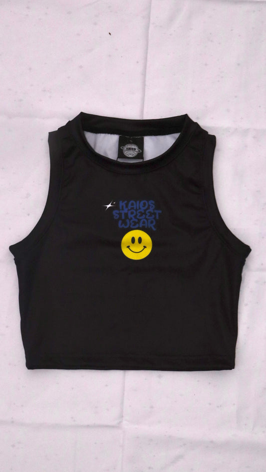 Dual Smiley Graphic Cropped Jersey Tank Top - Black
