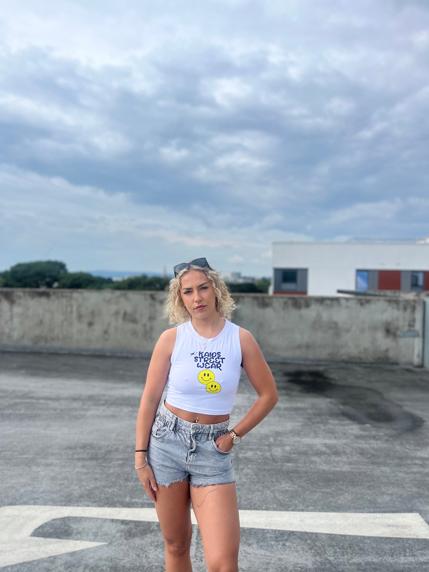 Dual Smiley Graphic Tank Top - white
